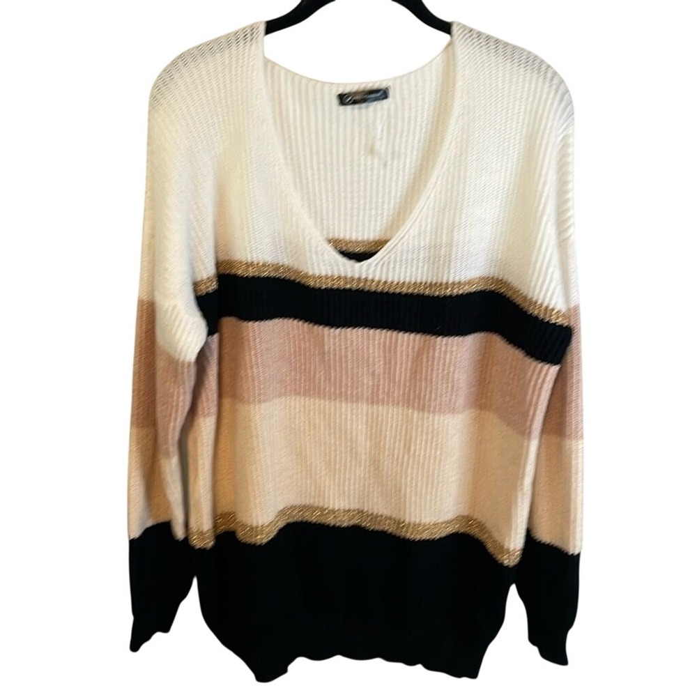 Pretty‎ Garden NWOT White Tan Black Color Block LS Vee Neck Sweater Size Large